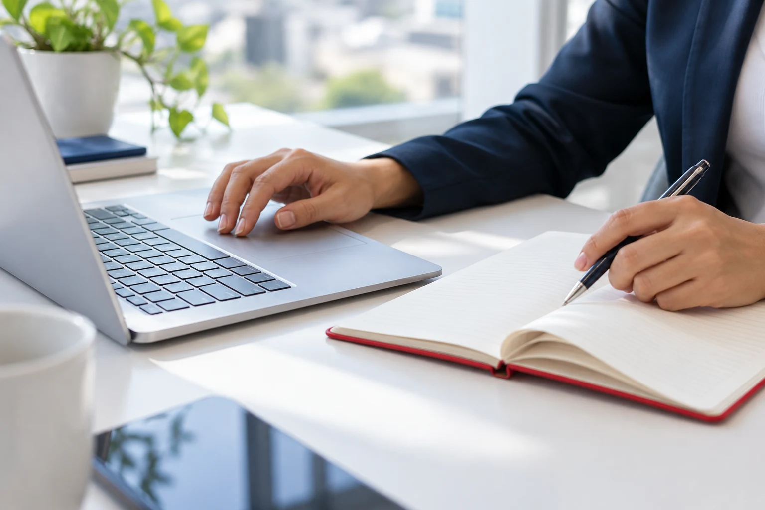 Manos revisando notas junto a una computadora en un espacio de trabajo